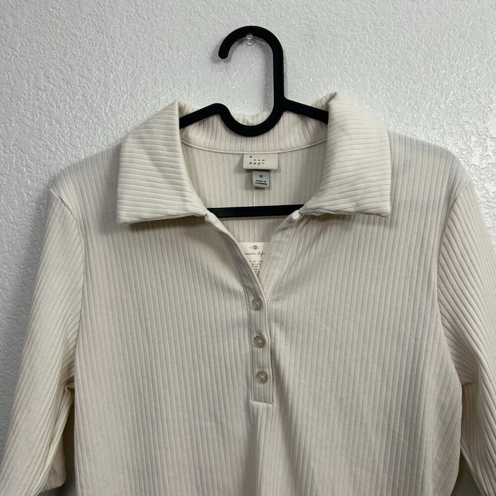 A New Day Ribbed Johnny Collar Polo Shirt Preppy - Picture 2 of 4